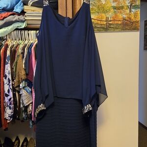 Elegant Navy Blue Dress with Embellished Sleeves